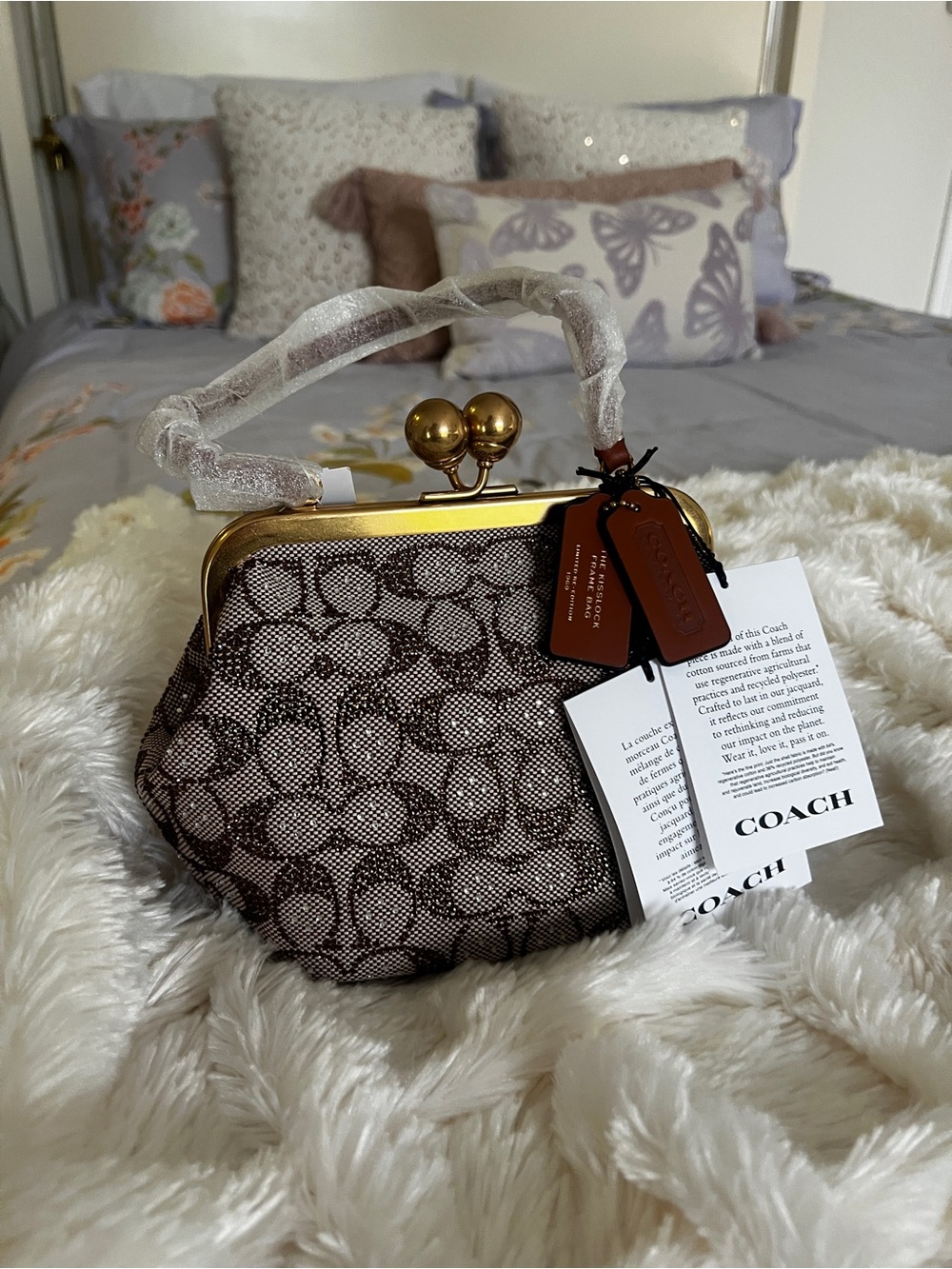 COACH Swarovski Brown Signature Canvas Kiss-Lock Bag with Gold Hardware